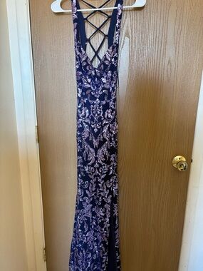 Windsor Navy Dress with purple Sequin Paisley Detail